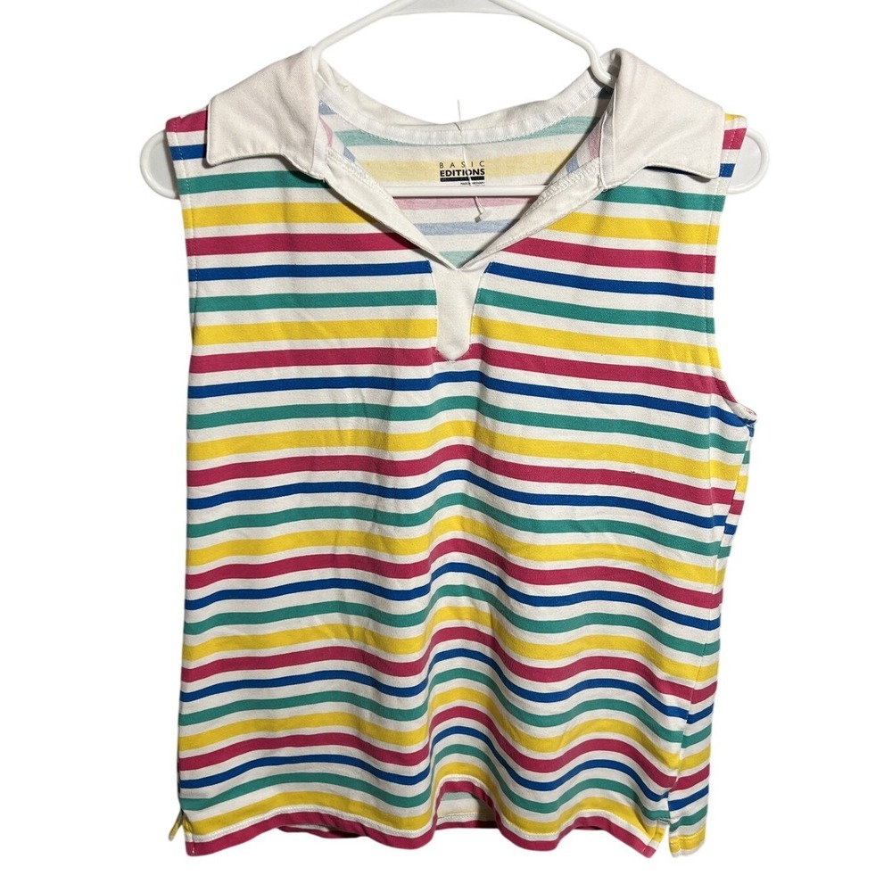 Basic Editions Women's L Large‎ Striped Sleeveless Polo Shirt Top Collared